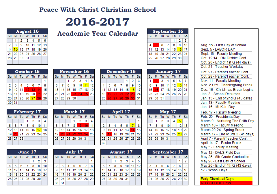 Peace with Christ Christian School 20162017 Calendar